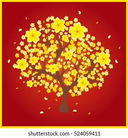 Vector illustration of a yellow peach tree popular in Vietnam, which is called "Hoa Mai" in Vietnamese language; red background