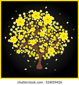 Vector illustration of a yellow peach tree popular in Vietnam, which is called "Hoa Mai" in Vietnamese language; black background