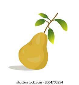Ilustración vectorial de pera amarilla con hojas sobre fondo blanco.