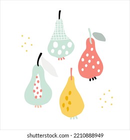 Vector illustration of yellow pears isolated on white. Hand-drawn vector pears set. Trendy fruit illustration for print design. 