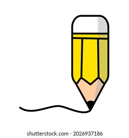 Vector illustration of a yellow pencil drawing a line on a white background. Flat design icon.