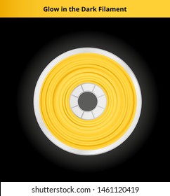 Vector illustration of yellow phosphorescent glow in the dark filament for 3D printing wounded on the spool. Plastic pla material shining in the dark for a 3D printer. Icon is on a dark background.