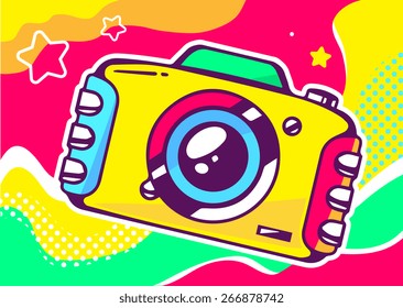 Vector illustration of yellow photo camera on a colored background with waves and stars. Hand draw line art design for web, site, advertising, banner, poster, board and print.