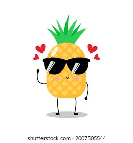 Ilustración vectorial del personaje de la piña amarilla con expresión linda, encantadora, gafas de sol, piña aislada en fondo blanco, estilo simple mínimo, fruta fresca para la recolección de mascotas, emoticono