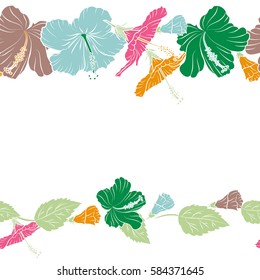 Vector illustration in yellow and pink colors on a white background. Horizontal seamless tropical flowers, hibiscus pattern with copy space (place for your text).