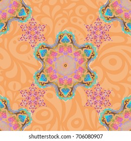 Vector illustration. Yellow and pink damask paisley wallpaper. Seamless background, grunge style.