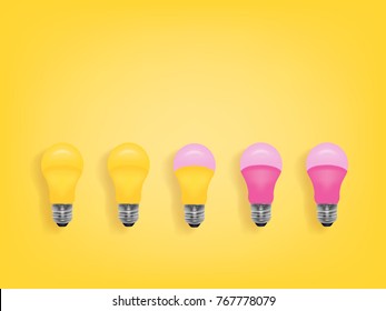 Vector illustration.The yellow and pink LED bulb placed in a row, The bulb in the middle is two colors.Minimal concept