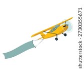 Vector illustration of yellow plane with retro air vehicle flying in sky carrying blank horizontal banner and white ribbon perfect for advertisement