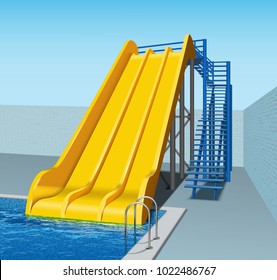 Vector illustration of yellow plastic water slides in aqua park. Isolated, perspective view