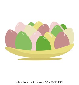 Vector illustration of a yellow plate full of bright easter eggs. 