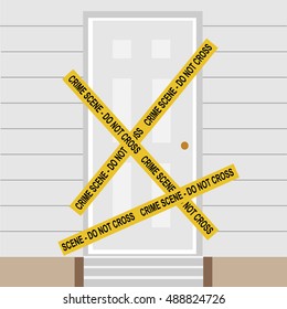 Vector Illustration Yellow Police Crime Scene Danger Tape. Do Not Cross. Police Tape Across Closed Door