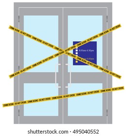 Vector Illustration Yellow Police Crime Scene Danger Tape. Do Not Cross. Police Tape Across Closed  Shop Door