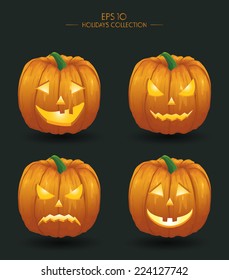 Vector illustration. Yellow pumpkins for Halloween. Jack-o-lantern facial expressions.  Horror persons on dark background