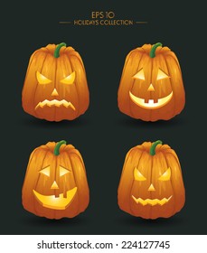 Vector illustration. Yellow pumpkins for Halloween. Jack-o-lantern facial expressions.  Horror persons on dark background