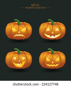 Vector illustration. Yellow pumpkins for Halloween. Jack-o-lantern facial expressions.  Horror persons on dark background