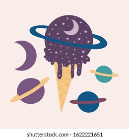 vector illustration with yellow and purple ice cream and colorful planets, perfect to use on the web or in print