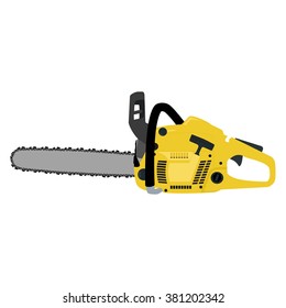 Vector illustration yellow realistic chainsaw. Petrol chain saw. Professional instrument, working tool. Chainsaw icon