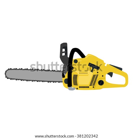Vector illustration yellow realistic chainsaw. Petrol chain saw. Professional instrument, working tool. Chainsaw icon