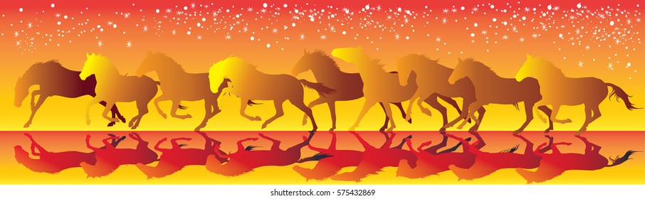 Vector illustration yellow and red background with horses running gallop 