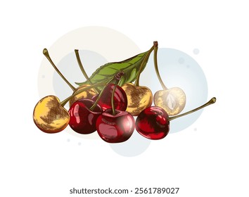 Vector illustration with yellow and red cherry berries, whole and halves with a leaf. The bright graphics emphasize the boldness and taste of the summer treat