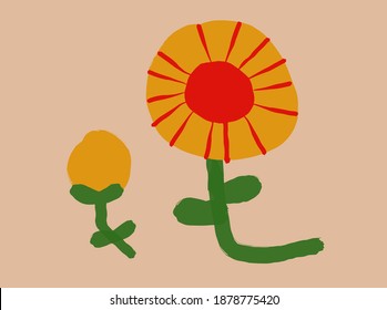 vector illustration of a yellow and red flower and a yellow flower bud