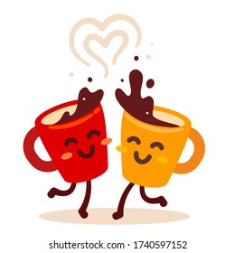 Vector illustration of yellow and red happy dancing friend character coffee cup with steam on white background. Coffee time concept. Hand drawn cartoon art flat style design for poster, card, cafe