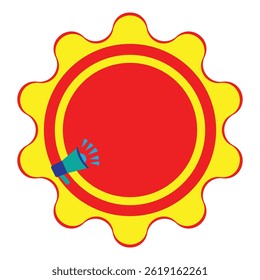 Vector illustration of a yellow and red round seal with megaphone and text box, perfect for marketing announcements, discounts, retail promotions, sales, labels, tags, banners, or business advertising