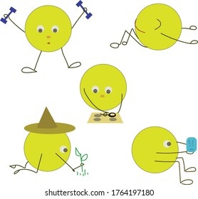 vector illustration of yellow round man doing home activities, his everyday life. exercising, resting, cooking, gardening and playing video games