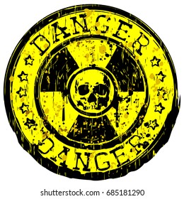 Vector illustration yellow round stamp with radioactivity sign and lettering in circle danger with stars. In center of radiation symbol abstract grunge skull