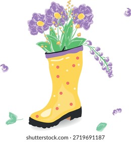 Ilustración vectorial de una bota de goma amarilla llena de flores de primavera florecientes. Diseño floral lindo en estilo plano, aislado en fondo transparente. Perfecto para tarjetas, carteles y decoración