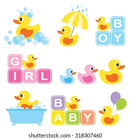 Vector Illustration Of Yellow Rubber Duck For Baby Shower.