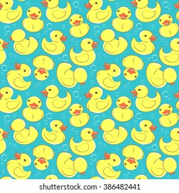 Vector illustration Yellow rubber duck and bubbles seamless kid's pattern
