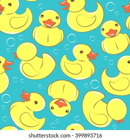 Vector illustration Yellow rubber duck and bubbles seamless kid's pattern