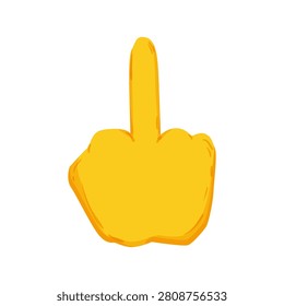 Vector illustration of a yellow rude hand gesture with raised middle finger. Flat icon for insult, anger, rebellion, or offensive sign.