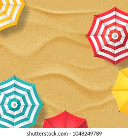 Vector illustration of yellow sand beach and multicolor striped umbrellas. Top view summer vacation abstract banner background with place for text