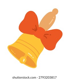Vector illustration of a yellow school bell with bow. Flat isolated education object for classroom design.