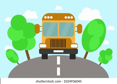 Vector illustration of yellow school bus driving on road at green trees. Eps vector illustration