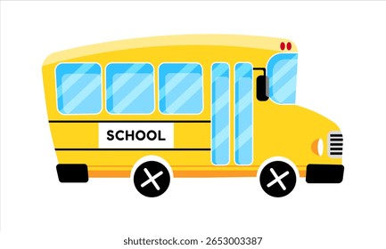 Vector illustration of yellow school bus. Flat cartoon side view for education and student transportation.
