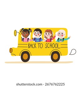 Ilustración vectorial de un autobús escolar amarillo con niños lindos divertidos dentro, para las Plantillas de regreso a la escuela