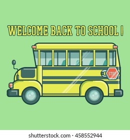 Vector illustration of yellow school bus on blue background.