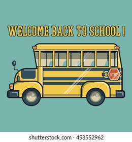 Vector illustration of yellow school bus on blue background.
