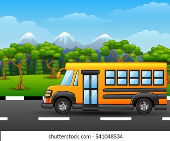 Vector illustration of Yellow school bus on road with mountains and trees
