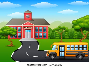 Vector illustration of Yellow school bus in front of school building