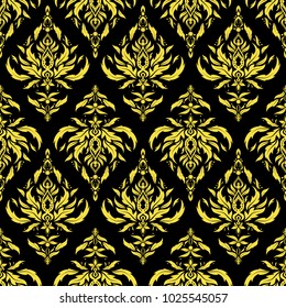 Vector illustration. Yellow seamless pattern on a black background. Decorative symmetry arabesque. Good for greeting card for birthday, invitation or banner. Medieval royal pattern.