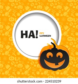 Vector illustration of yellow seamless patterns happy Halloween party. Black smile pumpkin paper cut out from the background. Use for brochures, printed materials, banner, greeting, card.