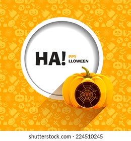 Vector illustration of yellow seamless patterns a happy Halloween party. Realistic pumpkin with a carved web of it. Use for brochures, printed materials, banner, greeting, card.