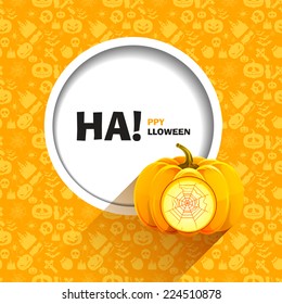 Vector illustration of yellow seamless patterns for a happy Halloween party. Web carved on a pumpkin shining from inside. Use for brochures, printed materials, banner, greeting, card.