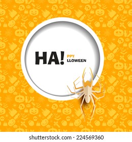 Vector illustration of yellow seamless patterns happy Halloween party. Flat design. Wight spider paper cut out from the background. Use for brochures, printed materials, banner, greeting, card