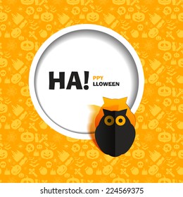 Vector illustration of yellow seamless patterns happy Halloween party. Flat design. Black owl paper cut out from the background. Use for brochures, printed materials, banner, greeting, card
