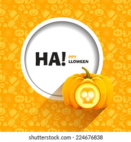 Vector illustration of yellow seamless patterns for a happy Halloween party. Skull carved on a pumpkin shining  from inside for brochures, printed materials, banner, greeting, card